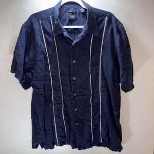 Men's Haggar Havanna Style Linen Navy Shirt W/ White Piping Size 2XL Casual Camp